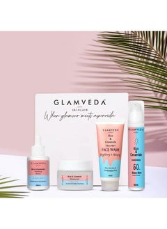 Glamveda Korean Glass Skin Rice & Ceramide Morning 4 Step Skincare Routine For Women With Gift Box ; Face Wash Serum Moisturizer & Sunscreen  - Image 1