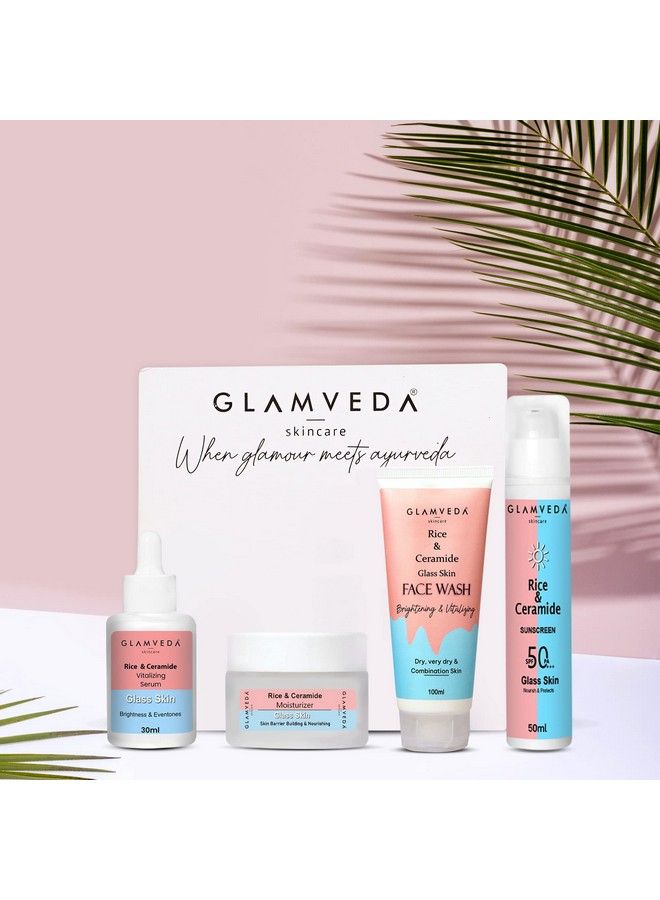 Glamveda Korean Glass Skin Rice & Ceramide Morning 4 Step Skincare Routine For Women With Gift Box ; Face Wash Serum Moisturizer & Sunscreen  - Image 1