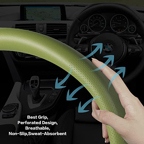 VARGTR Car Steering Wheel Cover,Universal 15 Inch Premium Leather Car Steering Wheel Cover,Best Grip,Perforated Design,Breathable,Non-Slip,Sweat-Absorbent,Warm in Winter and Cool in Summer (Green) - Image 2