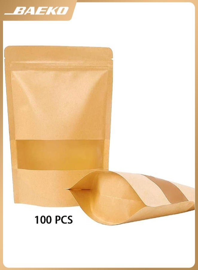 BAEKO 100-Piece Kraft Bags with Clear Window, Resealable Bags Stand Up Pouches Coffee Bags Sealable Bags for Packaging, Ziplock Stand Up Bags for Home or Business (15*22*4cm) - Image 1