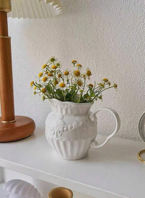 1pc Minimalist European Style Retro Embossed Ceramic Flower Vase For Living Room Decoration, White Milk Jug Shaped Ornament