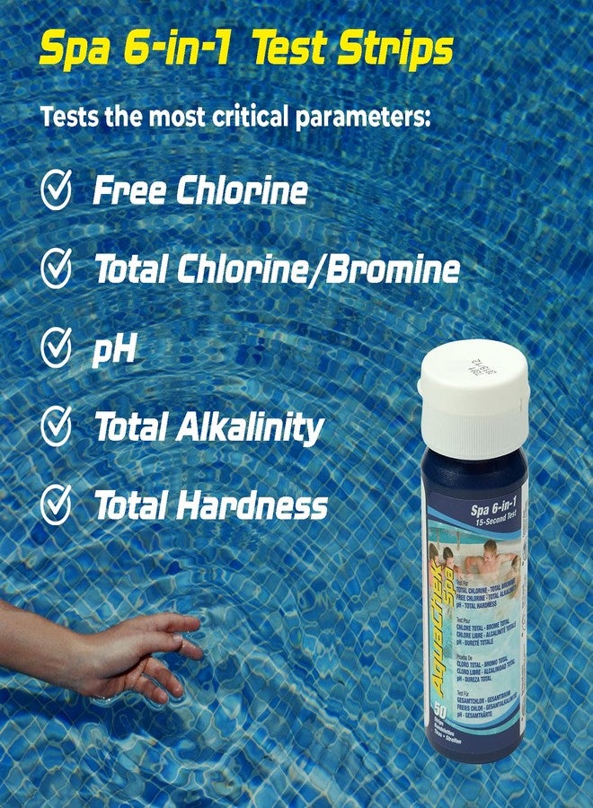 أكواتشيك شرائط اختبار AquaChek SPA 6 في 1 - شرائط اختبار المنتجعات الصحية للبروم الكلي، والكلور الكلي، والكلور الحر، ودرجة الحموضة، والقلوية الكلية، والصلابة الكلية - مجموعة اختبار جودة المياه الاحترافية (50 شريطًا) - Image 2