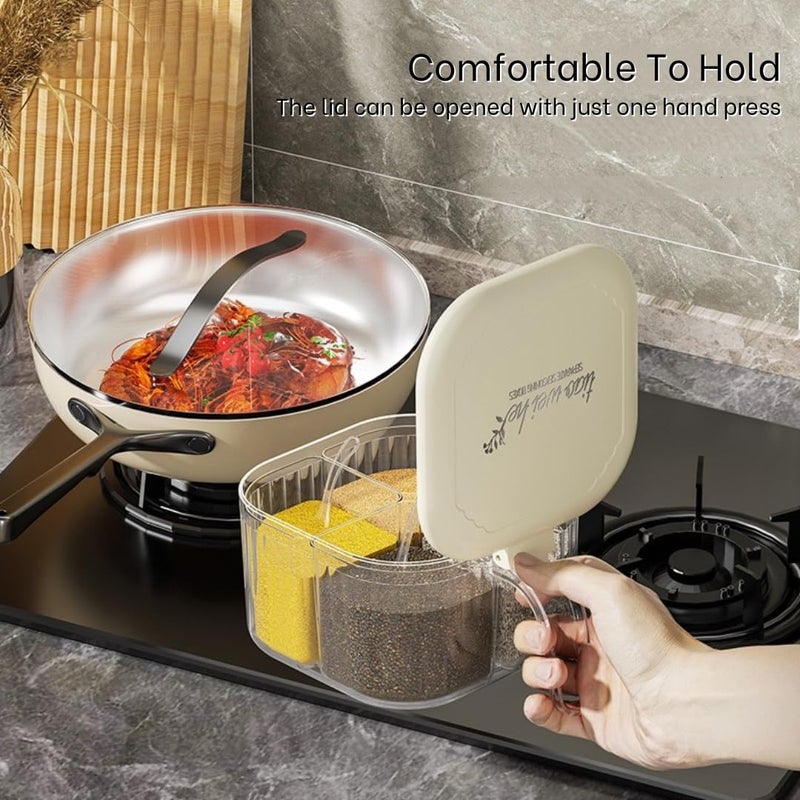 HOOPVOOL صندوق توابل أكريليك شفاف بـ 4 أقسام مع ملعقة، صندوق توابل شفاف لتخزين أسطح المطبخ، منظم توابل متعدد الاستخدامات للملح والسكر والفلفل والأعشاب والمزيد (شفاف) - Image 3