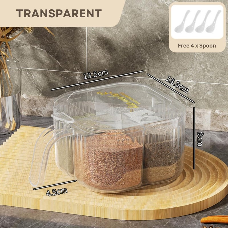 HOOPVOOL صندوق توابل أكريليك شفاف بـ 4 أقسام مع ملعقة، صندوق توابل شفاف لتخزين أسطح المطبخ، منظم توابل متعدد الاستخدامات للملح والسكر والفلفل والأعشاب والمزيد (شفاف) - Image 2