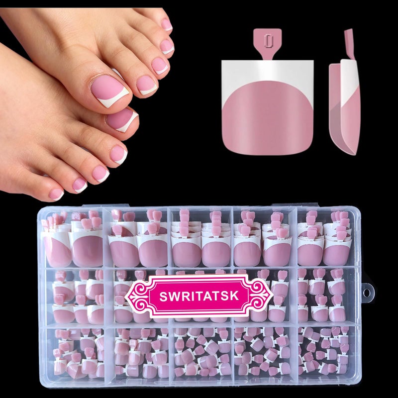 SWRITATSK Toe Nail Press Ons Toenails, French Tip Toe Press On Nails,180 Pcs Square Toe Nail Tips,Toe Nails Press On Toenails For Women, Thick Fake Toenails,Valentines Gifts for Women 15 Sizes - Image 1