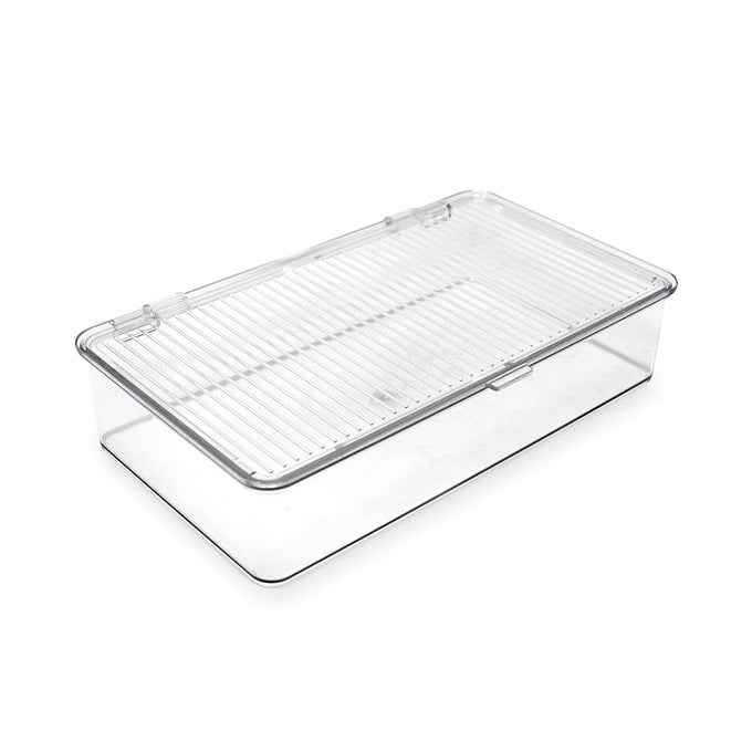 SMALL STACKABLE ORGANIZER BIN 1075 X 65 X 24 W HINGED LID CLEAR STORAGE BOX HOME OFFICE SCHOOL FRIDGE BATHROOM KITCHEN PANTRY CONTAINER BPAFREE FOOD SAFE SMALL CLEAR