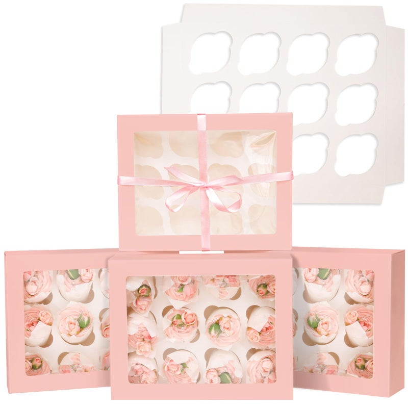 Bakepacker 12 Cupcake Containers 10-Packs Pink Cupcake Box Cupcakes Carrier, 12 Cupcake Boxes with Window 13"x10"x3.5" - Image 1