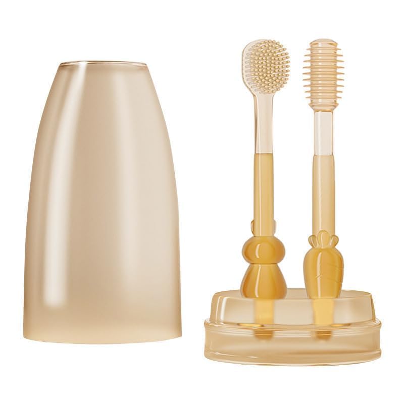 BKQPTL Soft Silicone Infant Oral Cleaning Brush 2 In 1 Toothbrush Tongue Brush Bpa Free Soft Silicone Bristle Oral Care Toothbrush For Baby 6 Month To 24 Months,With Storage Box - Manual,Baby |Brown - Image 1