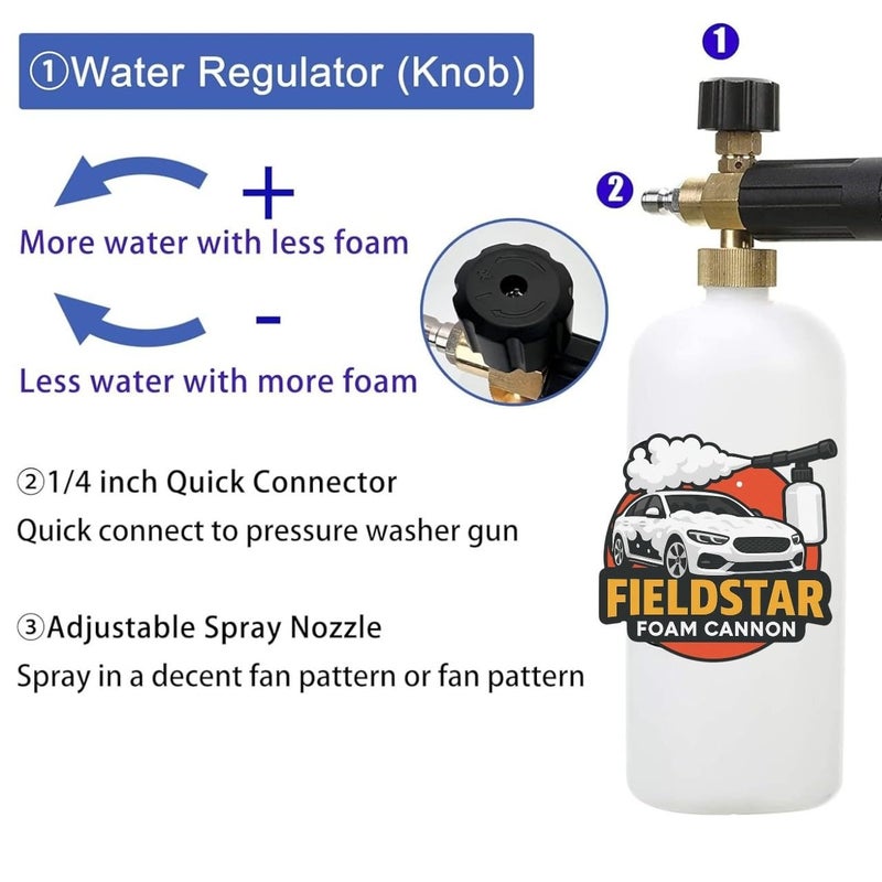 FIELDSTAR Foam Cannon for Pressure Washer | 1L Bottle with 1/4” Quick Connector + 5 Nozzle Tips | Heavy-Duty Snow Foam Lance for Car, Bike & Home Cleaning - Image 2