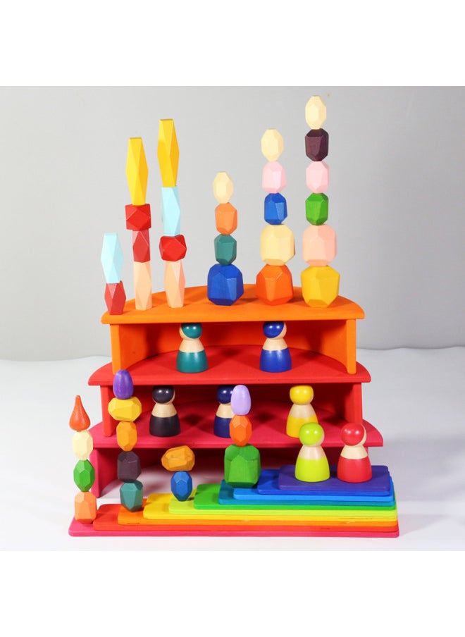 null - Children's Educational Wooden Rainbow Building Blocks Stacked High And Multi-colored Stacked Stone Set Early Education Parent-child Shape Set-Color:Rainbow Ball 6 Sets - Image 1