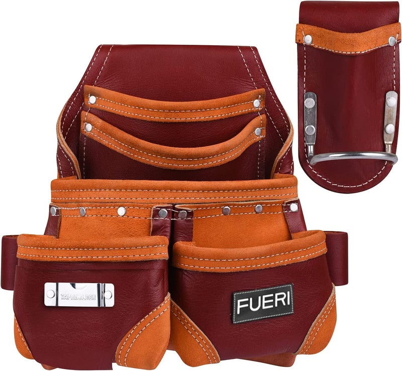 FUERI Leather Tools Pouch Carpenter Electrician Belt Storage Organizer 5 Pocket Small Bag for Professional Heavy Duty Construction Framers Tool Belts Pouches Bags Maroon