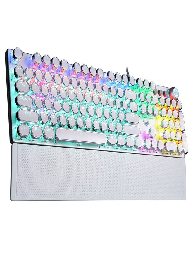 AULA F2088 Typewriter Mechanical Keyboard, White Retro Wired Gaming Keyboard with Blue Switches, Rainbow Backlit, Round Keycaps, Media Knob & Removable Wrist Rest - Image 1