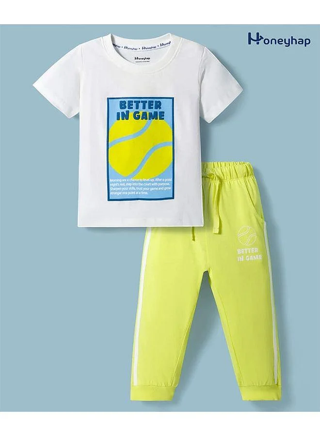 Honeyhap Honeyhap Premium Cotton Knit Half Sleeves Sports Theme Printed Pajama Set - Bright White & Yellow Plum