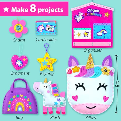 KRAFUN My First Unicorn Kids Sewing kit, Beginner Arts & Crafts, Make 8 Cute Projects with Plush Stuffed Animal, Pillow, Mobile, Keyring and Bag, Instructions & Felt for Learn Sewing, Embroidery - Image 3