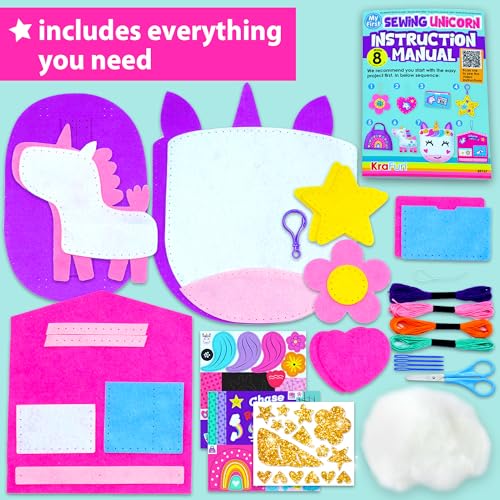 KRAFUN My First Unicorn Kids Sewing kit, Beginner Arts & Crafts, Make 8 Cute Projects with Plush Stuffed Animal, Pillow, Mobile, Keyring and Bag, Instructions & Felt for Learn Sewing, Embroidery - Image 2