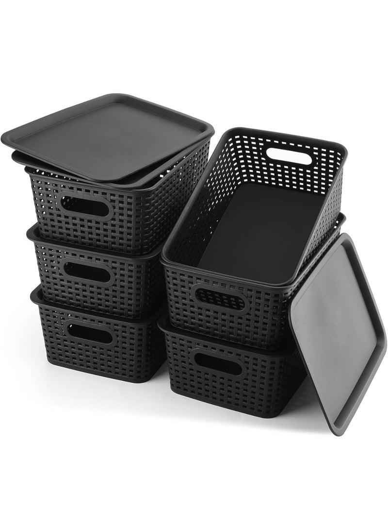 YelaJoy Storage Bins Plastic Storage Baskets With Lid Small Baskets for Organizing Stackable Storage Container Organizer Bins for Shelves Drawers Desktop Playroom Classroom Office, 6 Pack,Black  - Image 4