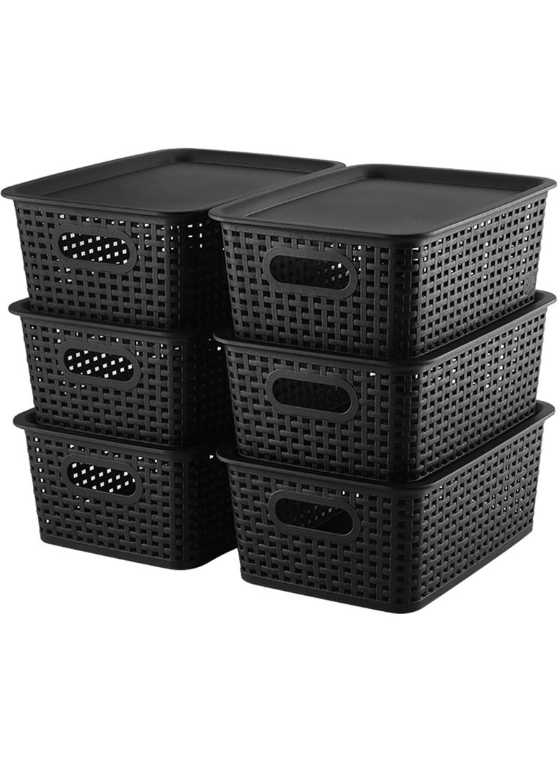 YelaJoy Storage Bins Plastic Storage Baskets With Lid Small Baskets for Organizing Stackable Storage Container Organizer Bins for Shelves Drawers Desktop Playroom Classroom Office, 6 Pack,Black  - Image 1