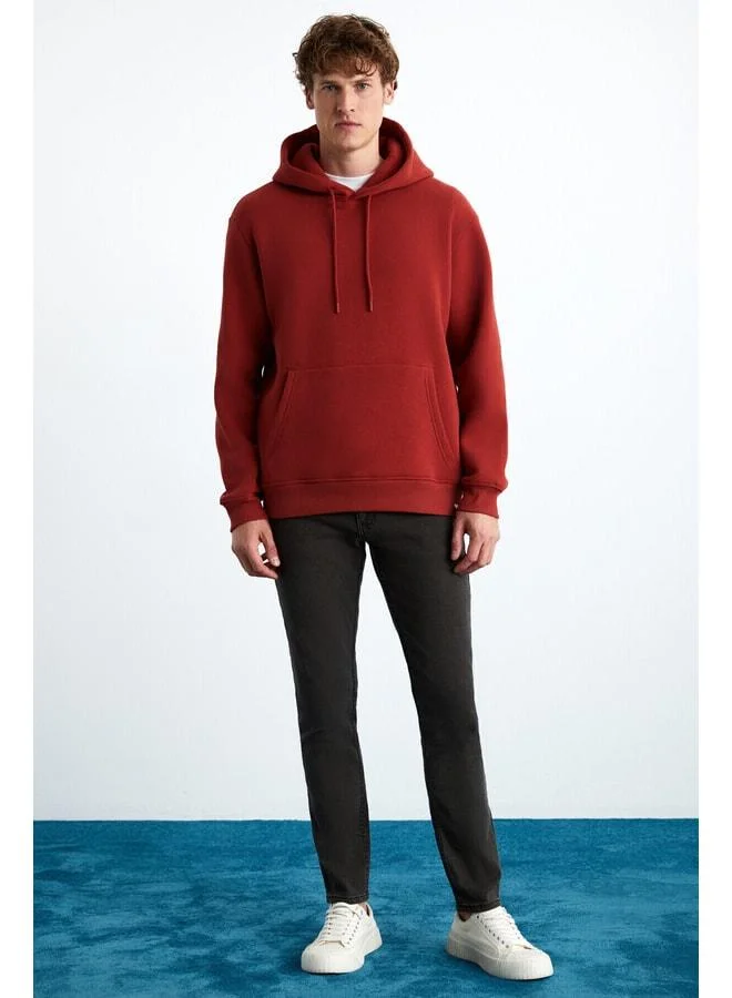 GRIMELANGE Yokohama Men's Soft-Lined Regular Kangaroo Pocket Hooded Brick-Red Sweatshirt.