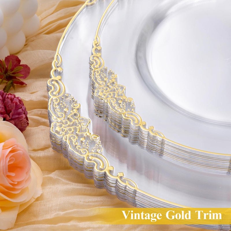 Bestluck 200 PCS Clear and Gold Plastic Plates for 100 Guests, Elegant Clear Disposable Plates with Gold Trim, Include 100 PCS Dinner Plates, 100 PCS Dessert Plates for Party, Birthday and Graduation - Image 3