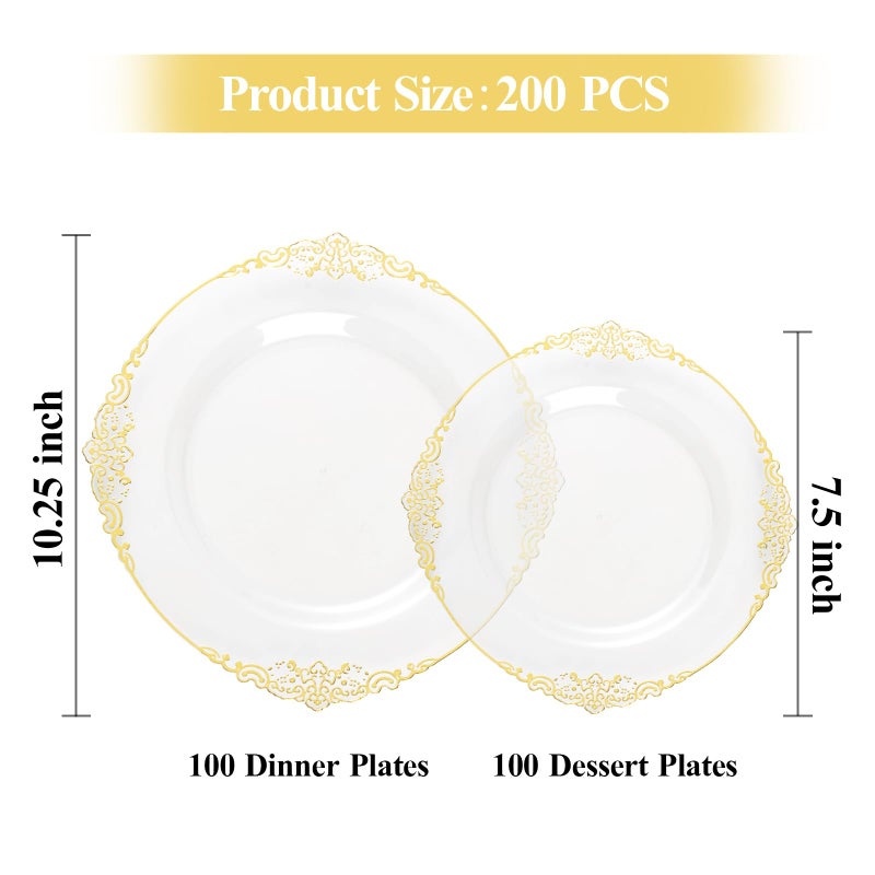 Bestluck 200 PCS Clear and Gold Plastic Plates for 100 Guests, Elegant Clear Disposable Plates with Gold Trim, Include 100 PCS Dinner Plates, 100 PCS Dessert Plates for Party, Birthday and Graduation - Image 2