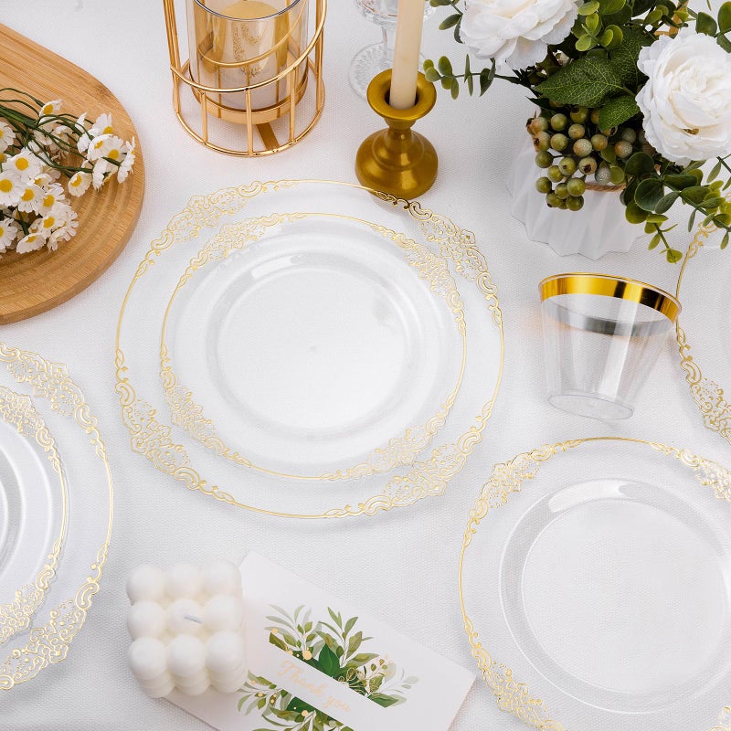 Bestluck 200 PCS Clear and Gold Plastic Plates for 100 Guests, Elegant Clear Disposable Plates with Gold Trim, Include 100 PCS Dinner Plates, 100 PCS Dessert Plates for Party, Birthday and Graduation - Image 5