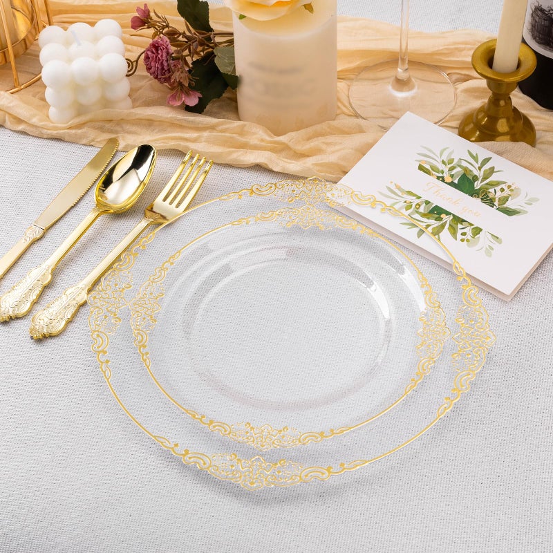 Bestluck 200 PCS Clear and Gold Plastic Plates for 100 Guests, Elegant Clear Disposable Plates with Gold Trim, Include 100 PCS Dinner Plates, 100 PCS Dessert Plates for Party, Birthday and Graduation - Image 4