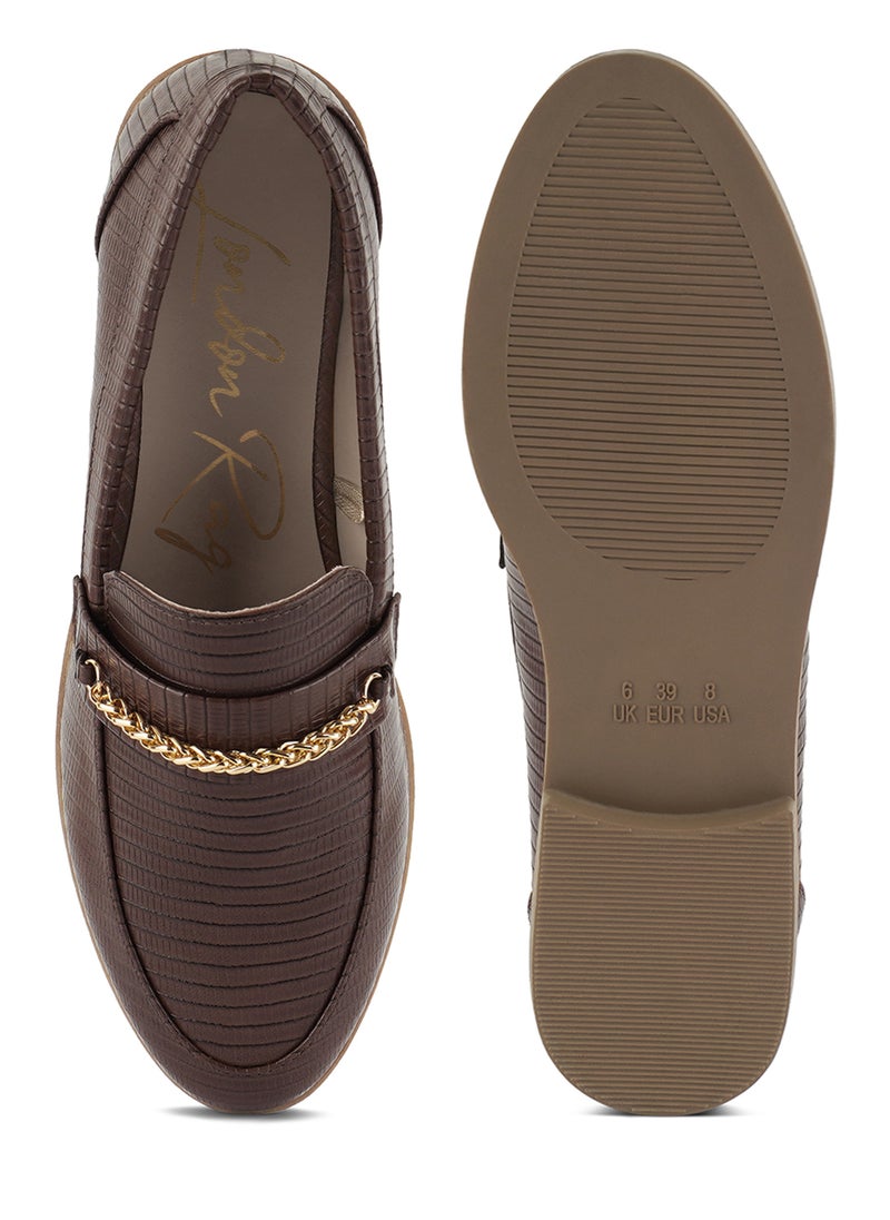 London Rag Brown Low Block Loafers Adorned with Golden Chain  - Image 4