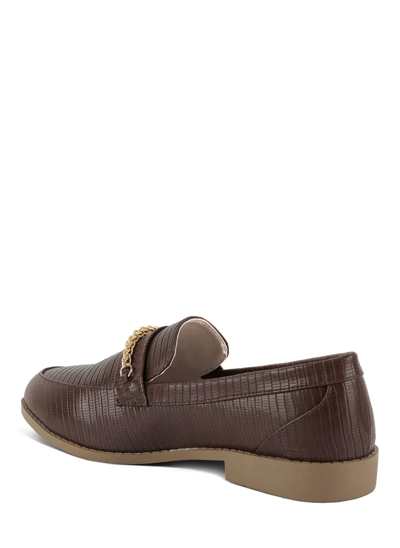 London Rag Brown Low Block Loafers Adorned with Golden Chain