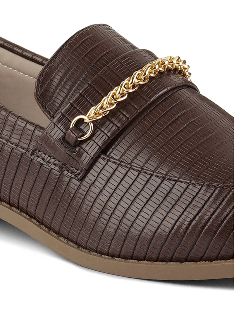 London Rag Brown Low Block Loafers Adorned with Golden Chain