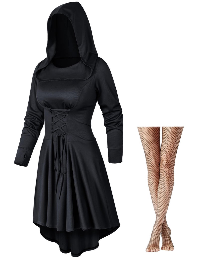 Irtysh Womens Base Vintage High Low Pullover Medieval Hooded Robe Cloak Dress Costumes Cosplay Net Leggings Set(Black M) - Image 1