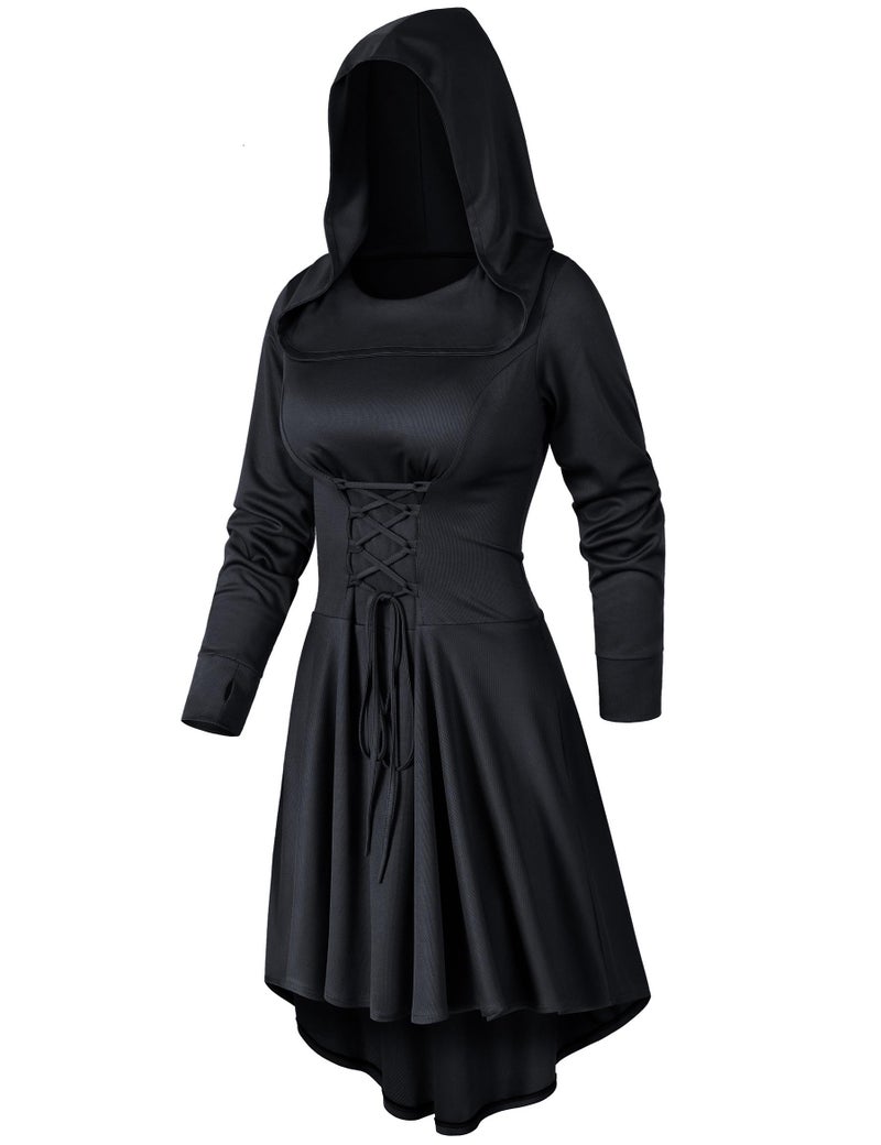 Irtysh Womens Base Vintage High Low Pullover Medieval Hooded Robe Cloak Dress Costumes Cosplay Net Leggings Set(Black M) - Image 3