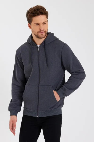 mmetalic Metalic Anthracite Kangaroo Pocket Hooded Zippered Cotton Inside Men's Sweatshirt