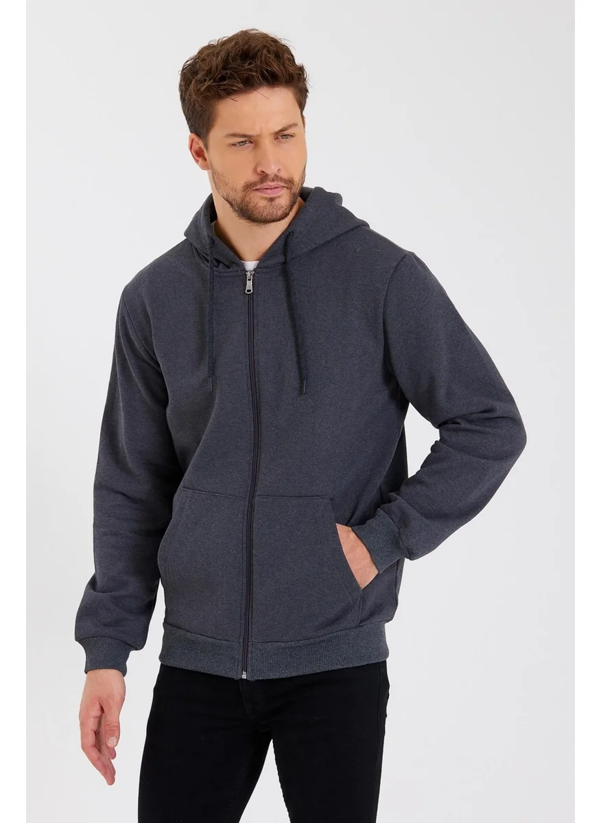 mmetalic Metalic Anthracite Kangaroo Pocket Hooded Zippered Cotton Inside Men's Sweatshirt