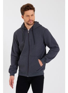 mmetalic Metalic Anthracite Kangaroo Pocket Hooded Zippered Cotton Inside Men's Sweatshirt  - Image 1