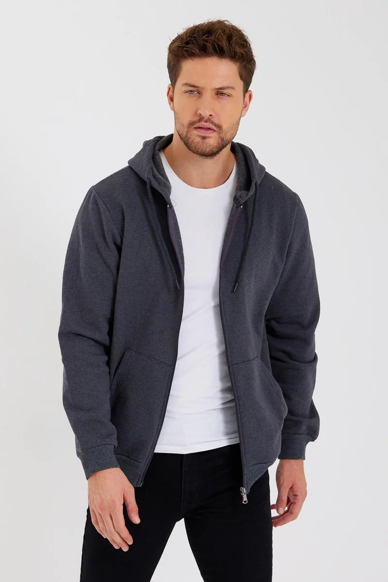 mmetalic Metalic Anthracite Kangaroo Pocket Hooded Zippered Cotton Inside Men's Sweatshirt