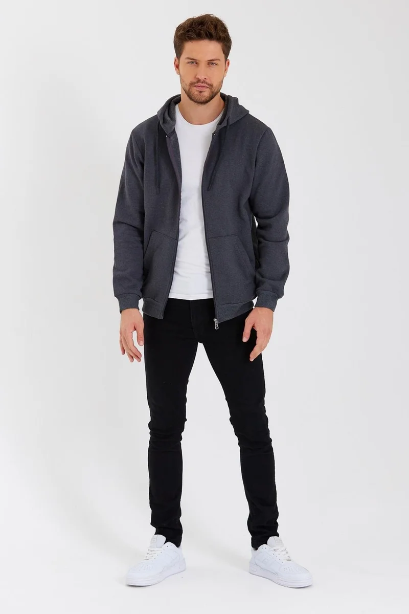 mmetalic Metalic Anthracite Kangaroo Pocket Hooded Zippered Cotton Inside Men's Sweatshirt