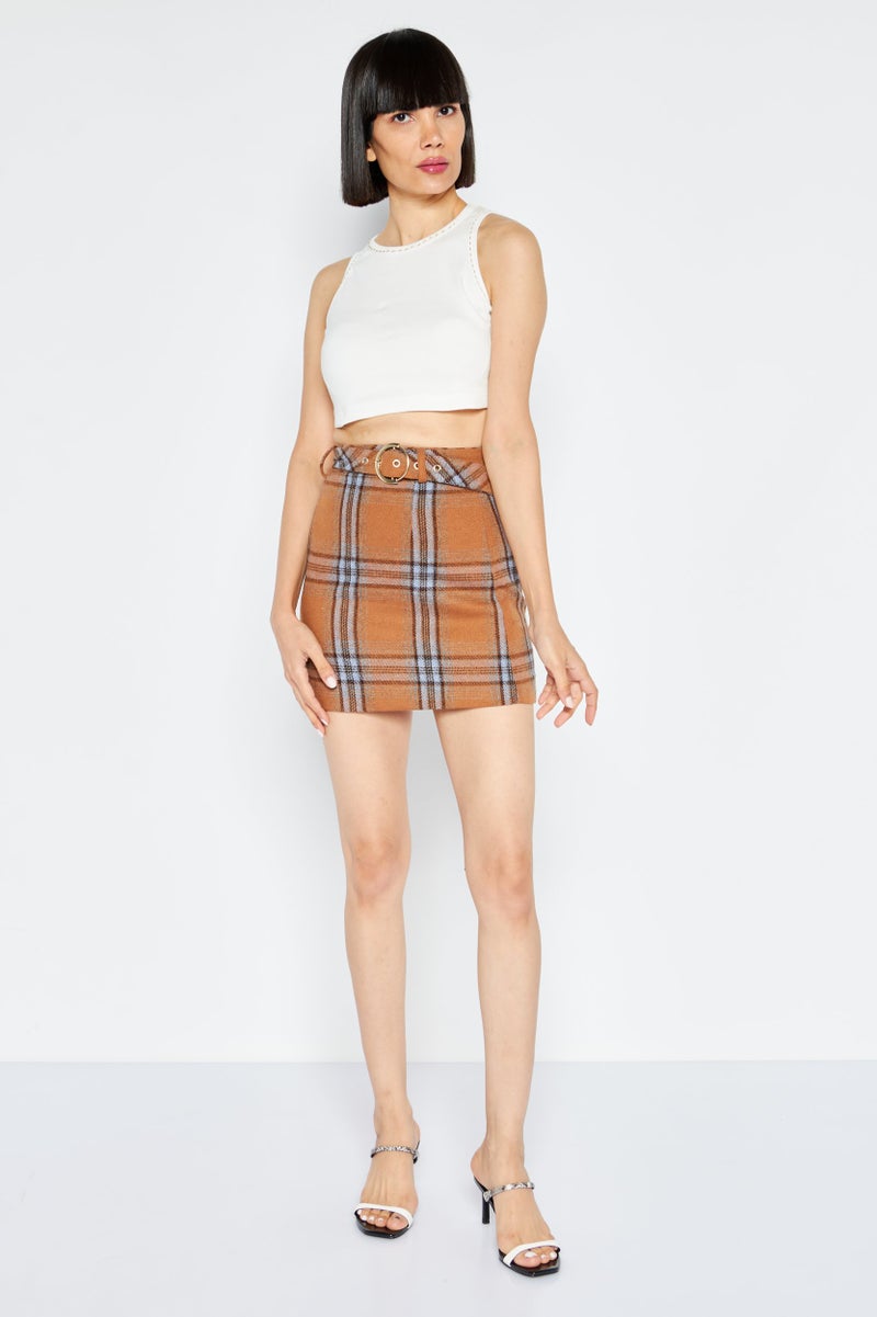 ONLY Women Textured Casual Mini Belted Skirts, Brown Combo - Image 2