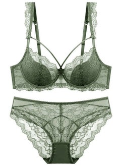 Comfy Breathable Solid Color Thin Cup Lace Bra And Panty Set Green
