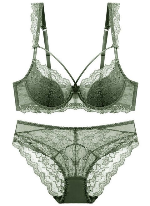 Comfy Breathable Solid Color Thin Cup Lace Bra And Panty Set Green