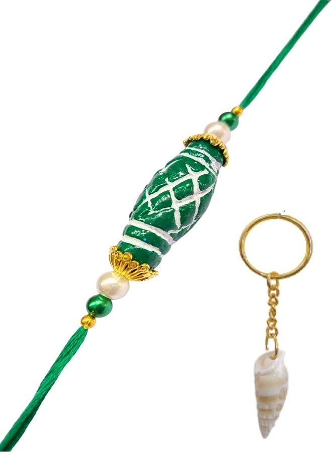 KRISHNA Rakhi for brother bhaiya kids designer for rakshabandhan with Green Clay Beads rakhi and shankh Key chain as Gift