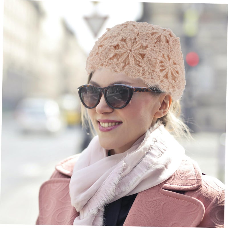 Beige Hollow Knit Beret Hat For Women Lightweight Warm Flower Design Outdoor Cap - Image 4
