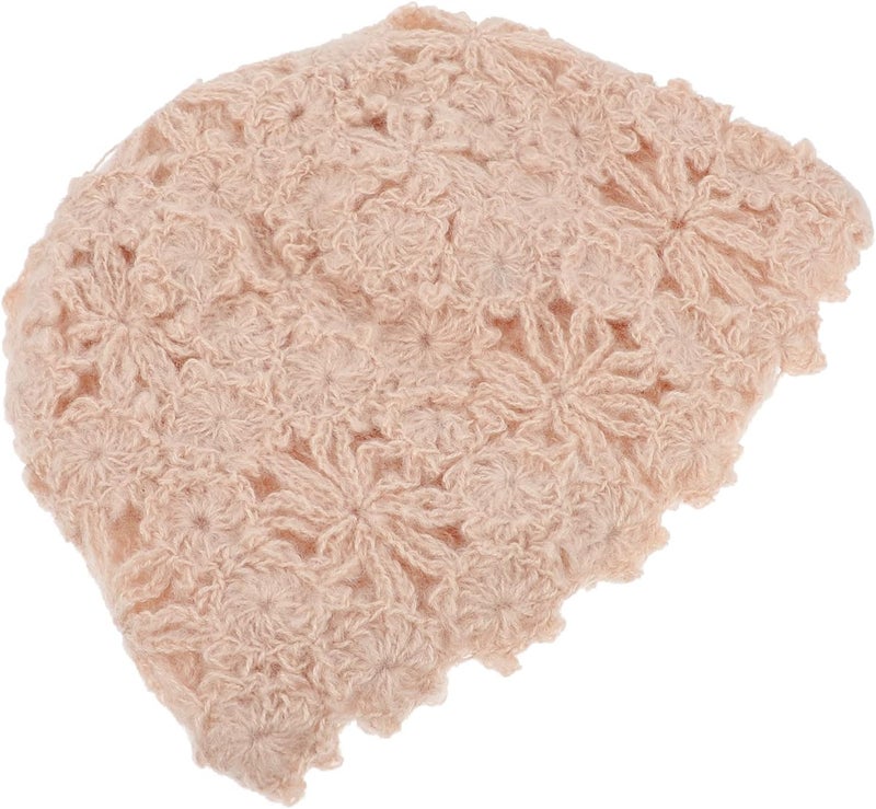 Beige Hollow Knit Beret Hat For Women Lightweight Warm Flower Design Outdoor Cap - Image 1