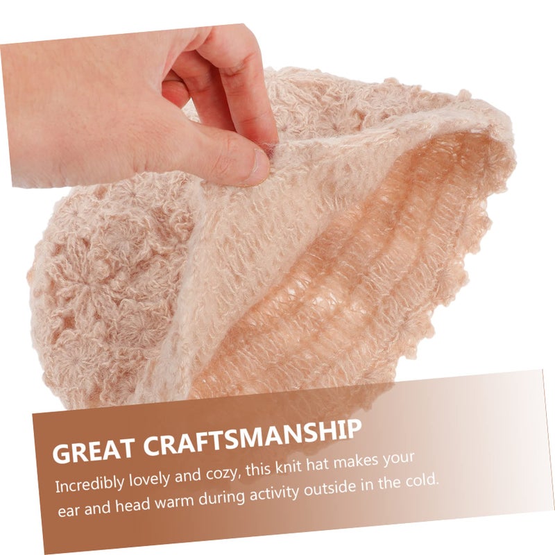 Beige Hollow Knit Beret Hat For Women Lightweight Warm Flower Design Outdoor Cap - Image 3
