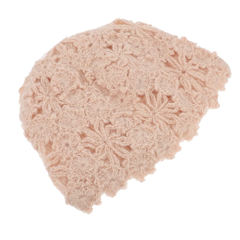 Beige Hollow Knit Beret Hat For Women Lightweight Warm Flower Design Outdoor Cap - Image 2