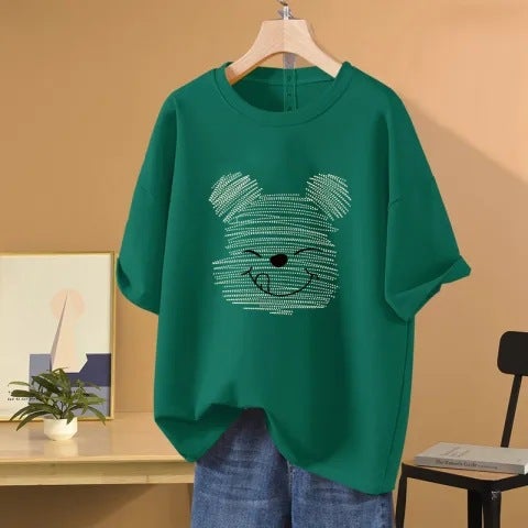 Fashionable Cartoon Short Sleeve T-Shirt For Women Loose Fit Round Neck Versatile Top Summer New Arrival 2025 Dark green - Image 1