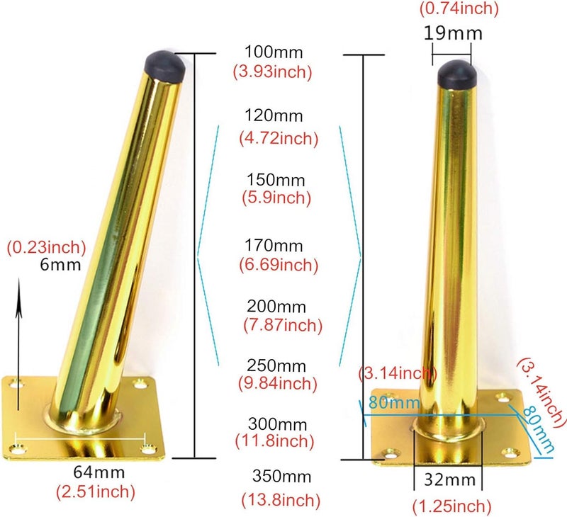 QZibeva Cone Shape Tapered 41 Legs Pack of 4 Pcs Gold Sofa Furniture Legs Stand with Mounting Hardware - Image 4