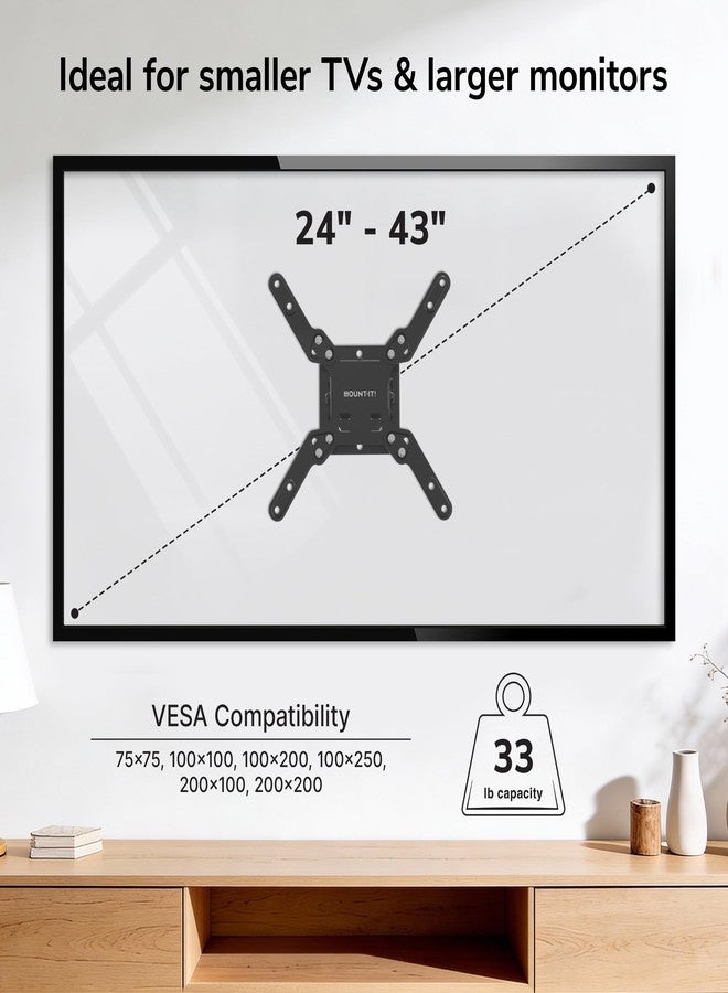 Mount-It! Tilt TV Wall Mount, Low Profile 1.8", Fits 24–43" TVs & Monitors up to 33 lbs, VESA 75x75–200x200, +5°/−15° Tilt, Single Stud, Tilting TV Wall Mount for Bedroom, Kitchen & Office - Image 2