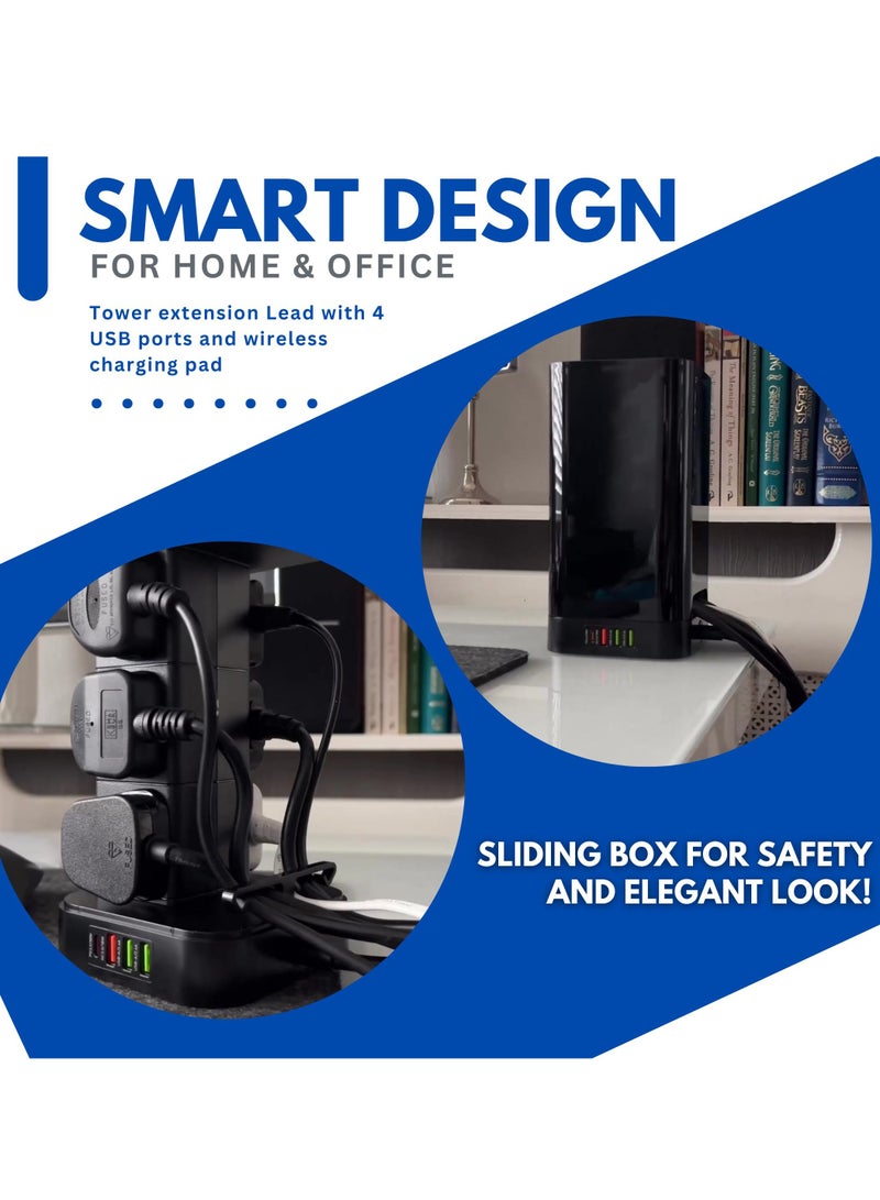 2M Tower Extension Lead with USB Ports 6 Outlets and Type C Wireless Charging for Home Office Kitchen - Image 5