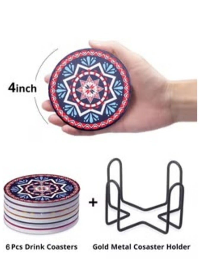 ماهمير مجموعة من 6 قطع من قواعد الأكواب مع حامل، قواعد سيراميك ماصة بقاعدة من الفلين، تمنع الأثاث من الاتساخ والخدش، مناسبة لجميع أكواب الشرب والأكواب - Image 2