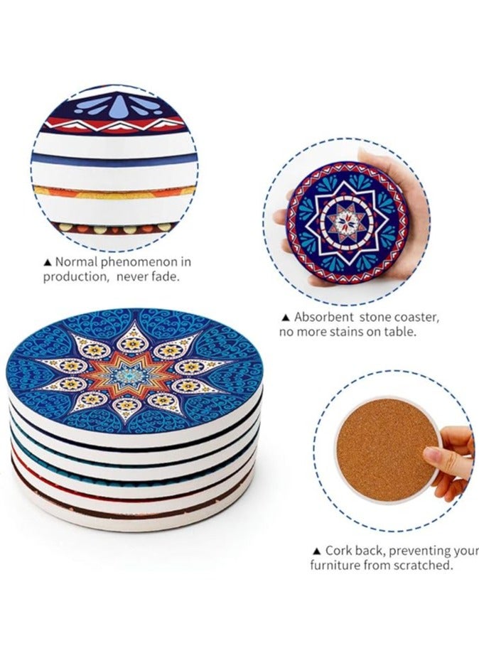 ماهمير مجموعة من 6 قطع من قواعد الأكواب مع حامل، قواعد سيراميك ماصة بقاعدة من الفلين، تمنع الأثاث من الاتساخ والخدش، مناسبة لجميع أكواب الشرب والأكواب - Image 3